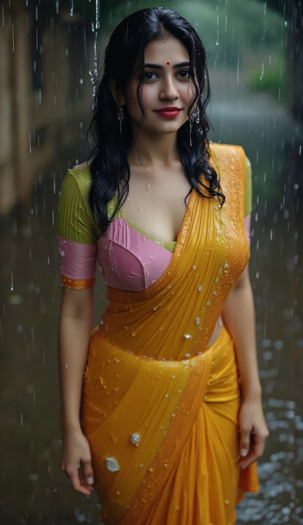 A masterpiece! A stunning Indian girl, her disheveled hair a testament to the torrential rain that surrounds her. Beautiful, detailed eyes sparkle with joy as she gazes directly at the viewer, her long locks tied back in a neat bun. She wears a casual t-shirt, slightly transparent from the wetness, and her medium-round breasts are subtly visible beneath. In a side pose, she revels in the heavy rain shower, her big cheeks flushed with happiness. The street background is a blurred Bokeh, while raindrops glisten on her skin, capturing the essence of a carefree rainy day.rain drops,paid girl , heavy rain, slightly show half nipple , very sexy