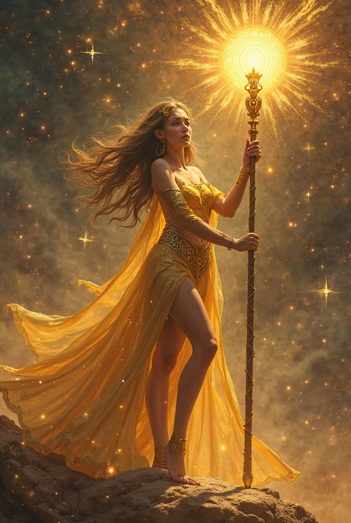 (Beautiful female sand goddess adorned in the movies, Golden Dress, Shiny gold tattoos), (Galactic Shaman with Quantum Energy Fantasy), Fantasy Magic, Long Hairstyles, Dark and clear night, Complex, Mysterious, Sharp focus, figure, Very detailed, Digital Painting, Conceptual Art, with, (An illustration:Wlop), (Par Justin Gerard et Jason Edmiston: 1.5), (Per Greg Rutkowski: 0.4), (by Alphonse Mucha: 0.4), masterpiece