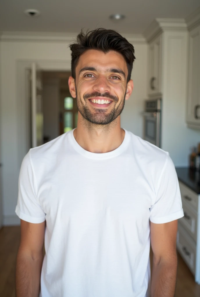 man Husband smiling, sitting in the kitchen, explaining the surprise visit of the wife's parents.