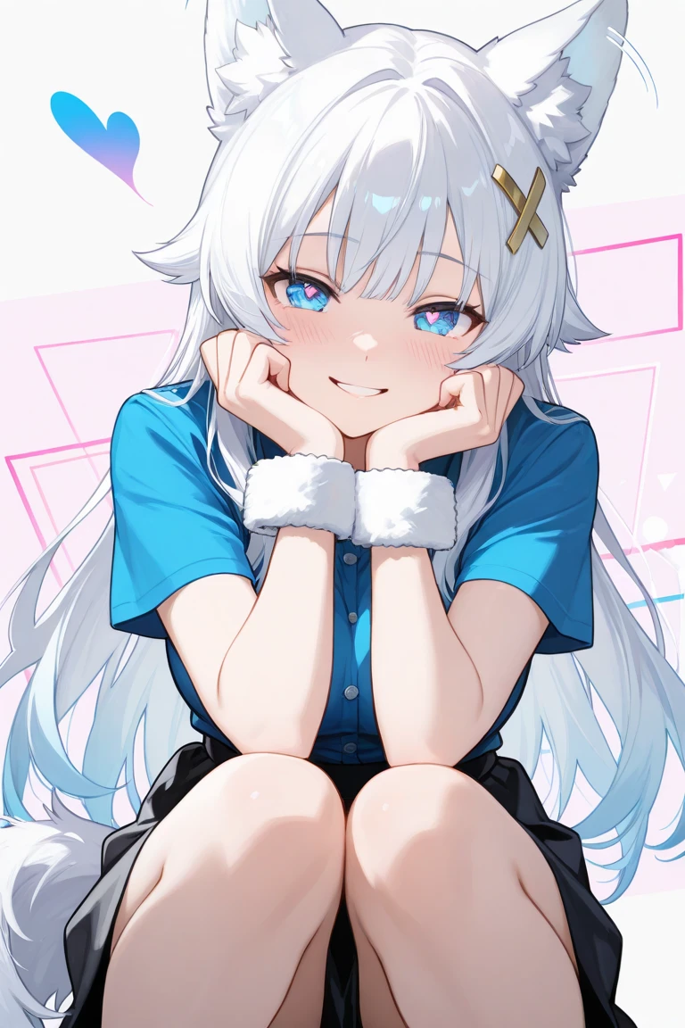 1girl, masterpiece, best quality, perfect hands, white hair, bangs, blue eyes, animal ears, animal ear fluff, tail, fox ears, fox tail, hair ornament, x hair ornament, dress, thighhighs, black thighhighs, sleeveless, detached sleeves, long sleeves, sleeveless shirt, bare shoulders, bow, smile, blush