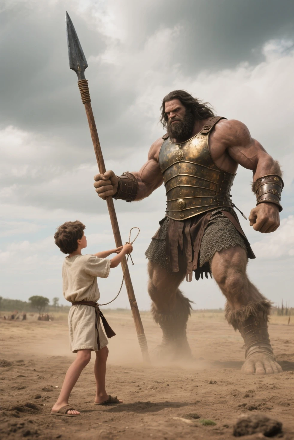 Youth with short black hair and brown eyes, fair skin and clean-shaven, dressed in short orange medieval barbarian fur tunic and trousers, weilding giant axe, sandals; fullbody; short hair, masculine, athletic