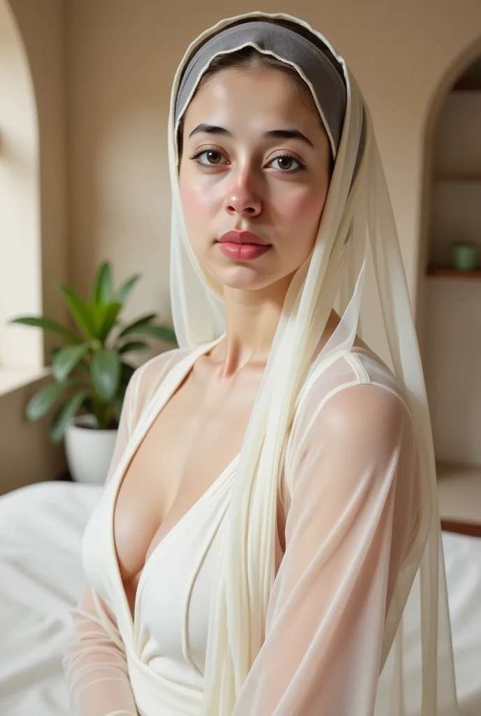 RAW photo,bright,cold,hazy atmosphere,35mm focal lenght,over exposed,cold,candid photograph,artistic,photograph of a beautiful,influencer,30yo Arab woman,detailed skin,fully naked,looking at viewer, candid pose,bright room,white background,blue light, film grain, kodak color, instagram LUT