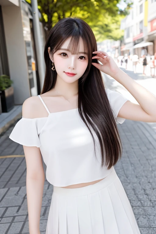 (masterpiece:1.2,Highest quality),Blur the background,1 female college student,((Cute casual clothes)),((Sculpture Pose)),((Beautiful Eyes)),Blushed,Healthy Skin,(smile),(Date in Shinjuku),8K resolution