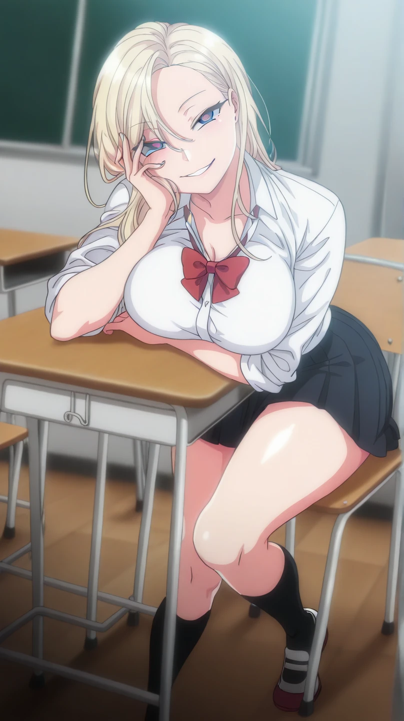 ((1girl)),((alone)),kurashiki queen,(masterpiece), (best quality), (ultra detailed), (best illustration), (best shadow), (absurdities), sharp focus, cowboy shot ,dynamic pose looking at viewer, big breasts, narrow waist, wide hips, wide thighs, round butt, dynamic posture, light blonde hair, long hair, blue eyes, white shirt, red bow, rolled up sleeves, beige sweater around the waist, pleated skirt, black skirt, short skirt, black calf-high socks, brown loafers, smiling, playful look, seductive smile, closed mouth, seductive expression, (sexy pose: 1.2), ((only)), standing: 1.3, exterior,night, cityscape, city, streets, city lights, looking forward, ((focus on thighs)), point of view (from below), red blush, perfect anatomy, perfect hands