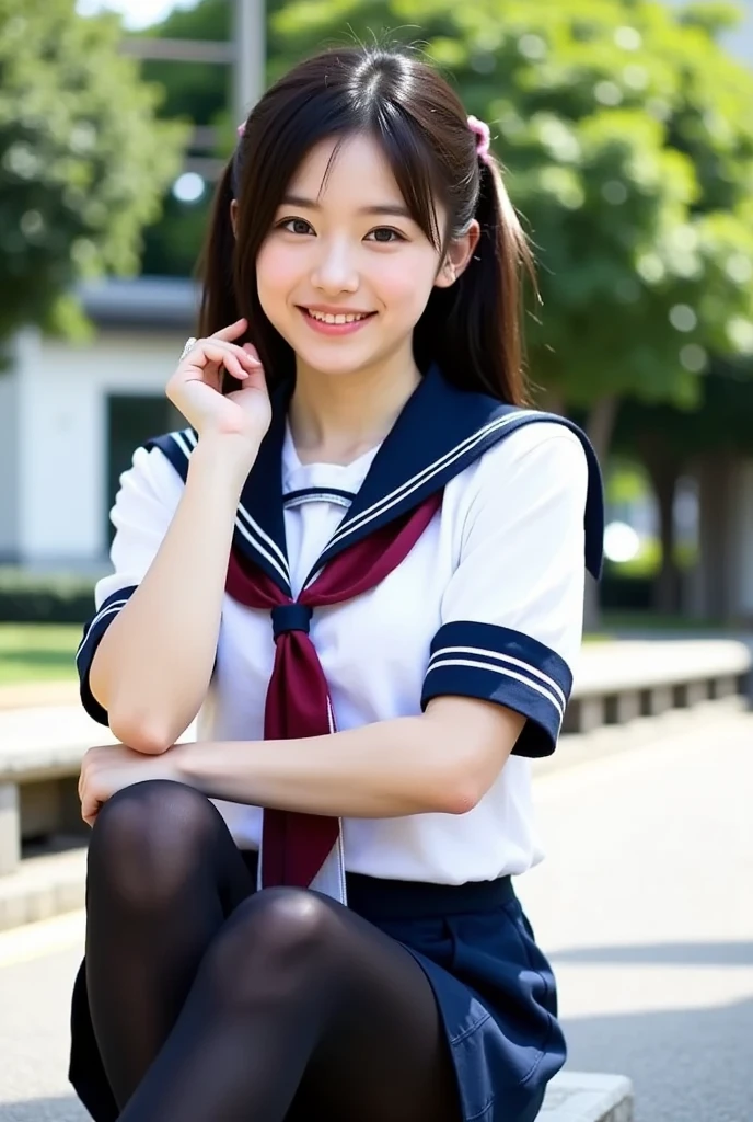 Highest quality,masterpiece:1.3,Ultra-high resolution),(Ultra high definition、Caustics) (Photorealistic:1.4、RAW shooting、)Ultra-realistic capture、Very detailed、Natural skin texture、masterpiece、(Junior high school sailor uniform:1.3)、One Japanese girl、Adorable expression、Happy expression、14 years old、Young face、Amazingly cute、Twin tails、Curly Hair、Black Hair、Scrunchie、Thinning、Medium breast、Junior high school classroom、Shining thighs、Summer sunshine、smile、An inviting gaze、Cowboy Shot