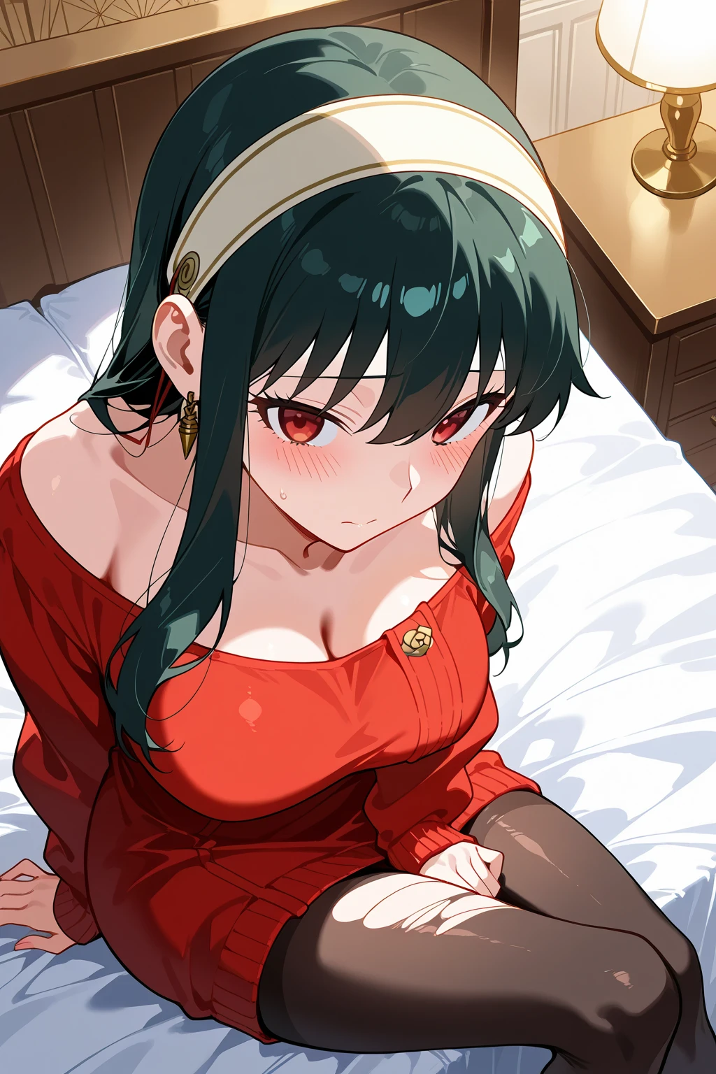 There was one girl with shiny skin in the bedroom, sexyposture,best qualtiy,tmasterpiece,(Photorealsitic:1.4),breast enhancement,reality,offcial art,The 8k quality,Super Detail,Fine detail skin,Movie angle,Cinematic textures,Movie Lighting,masutepiece,The highest image quality,1 girl,Vermilion lips,hair messy,pantyshot,Big Mimi,crisp breasts,1girll,((Black stockings)),Long hair,upper limbs,((cleavage)), thick thighs, (((close up))), red eyes, ((red sweater)), off shoulders, ((from above)), head band, earrings, sitting, ((breast grab)), ((blushing)), black hair