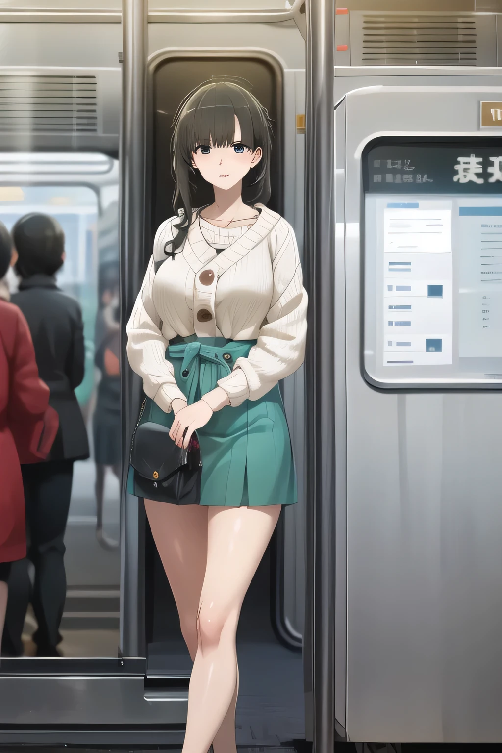 Can you draw a blonde,nice smiles,Can you draw a woman looking at a train,Can you draw a woman waiting in front of the car in front of you,東京の地下鉄ホームでwaiting for the train女性は描けますか, ,congestion,waiting for the train,fun,Underground railway stations ,The sign hanging on the wall,{{X}},depict her expression more delicately,walking alone, city tour ,,(((is wearing casual clothes inspired by tourists))), I have a SLR camera ,(Let's draw a more delicate look),(sleeveless wool sweater),( Pleated Legs,white panties),(That work is enough for one person {X} is very important for work)、 That's enough,frown。unless the job requires it。 {X}、 , An attractive 40-year-old woman takes off her uniform and jumps off, Big black wavy hair, , Big Breasts, Thin Waist , , ,Faces are very important,