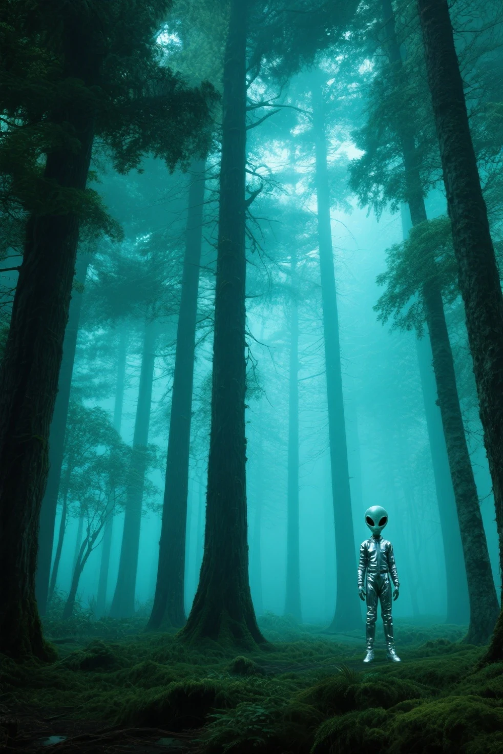 Movie effect,high-resolution details,HD wallpaper,offcial art,((Translucent aliens)),The body glows,Walk on the water and think,Forest Weed,Light and shadow effect,breathtaking scene,close up shot