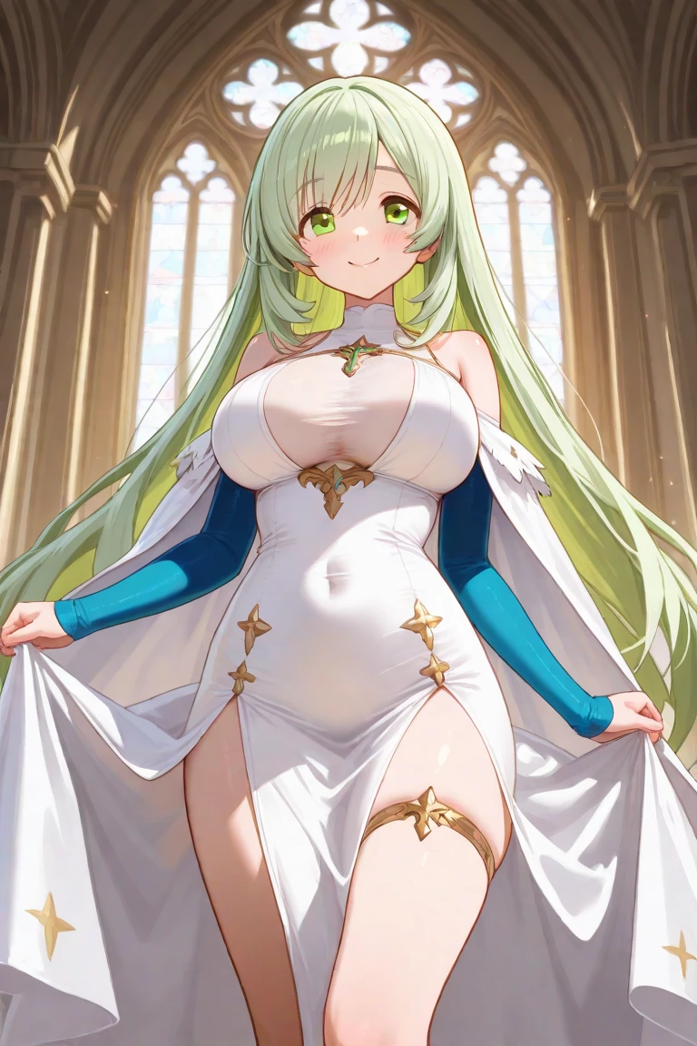 (girl1), (anime), white, with long green hair, jade green eyes, an 18 year old woman, with white stockings and a sexy dress, wearing a heroine costume consisting of a white sleeveless swimsuit with purple details and a yellow crescent moon on his chest. She also wears purple high boots, white gloves with spikes and metal plates on her waist and feet, look at her (breast size, they are size AAAA+:1.5),(With),+, (((three necklaces on the neck, the necklace on the left of the neck has a golden necklace with a jade jewel in the middle and the necklace in the middle of the neck has a silver necklace with a blue jewel in the middle and And the necklace on the right of the neck has a crystalline necklace with a pink jewel in the middle)))