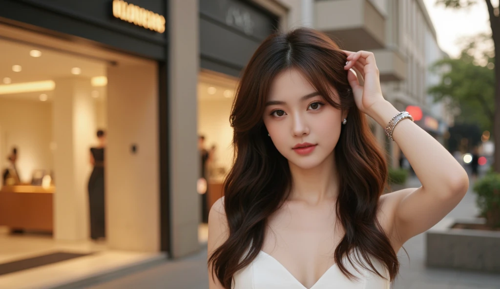 A 26-year-old woman takes a selfie in front of a store.、huge boobs、beautiful face、from various angles、Various expressions