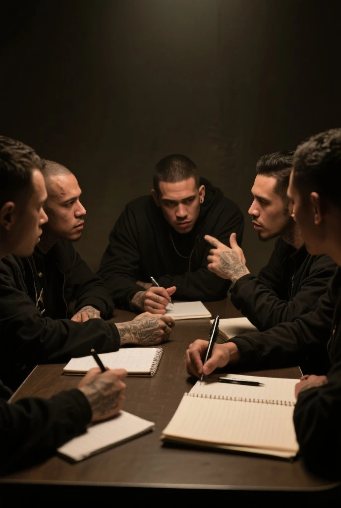 A grim, shadowy prison cell in Stalin-era Russia. Inside, hardened criminals with menacing tattoos discuss plans, symbolizing the birth of the Russian Mafia. The atmosphere is tense, with dim lighting casting eerie shadows on the cold, concrete walls.