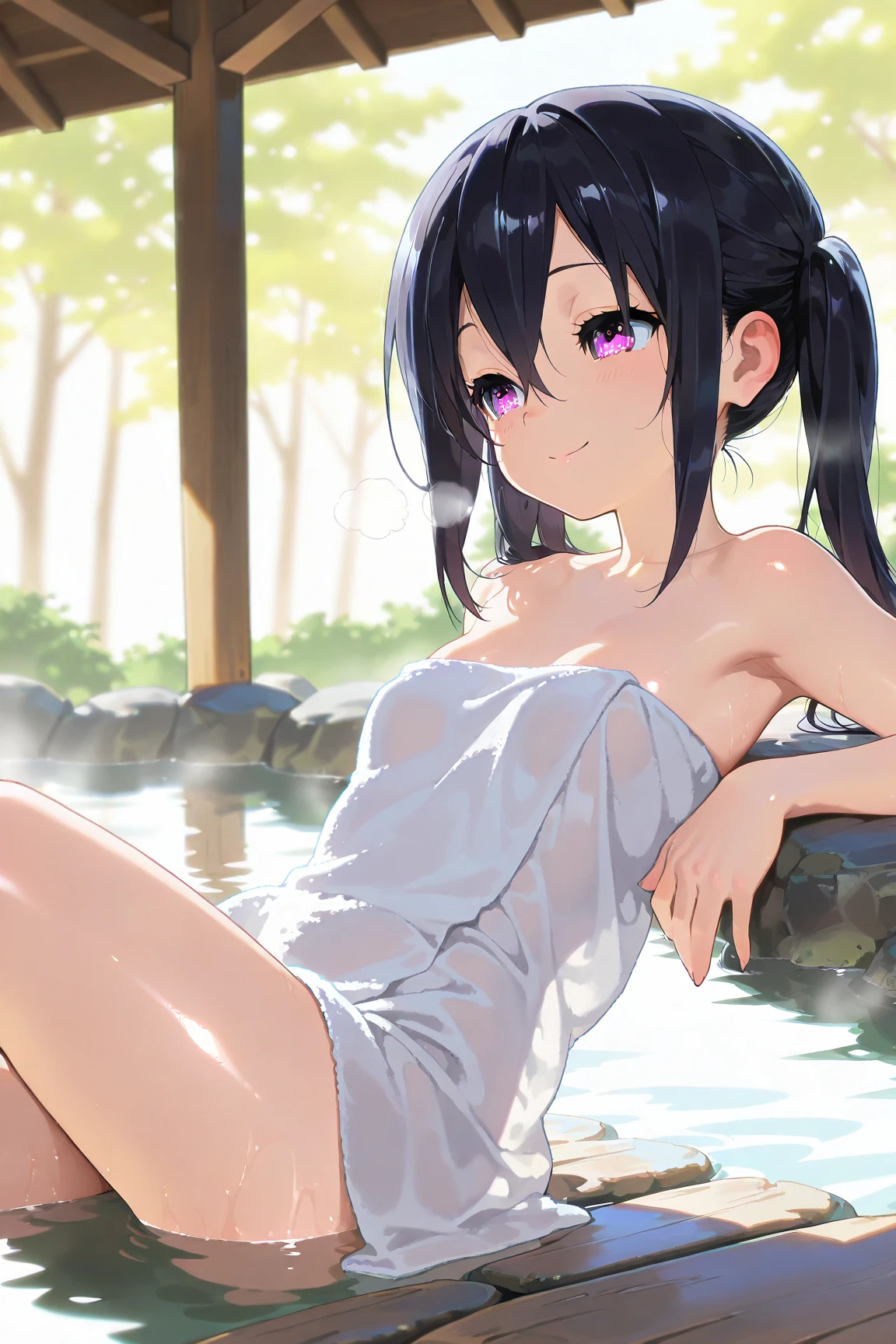 (masterpiece,accurate,anatomically correct,textured skin,super detail,high details,high quality,best quality, highres,8k),completely nude,nude,View Viewer,face and body straight at the camera,cowboy shot,open mouth,embarrassed,wavy mouth,ecchi anime style,Love Hotel at Night,slut,nsfw,,slender,middle hair, little two side up,flat chest,shiny hair,Fair skin,Straight black hair