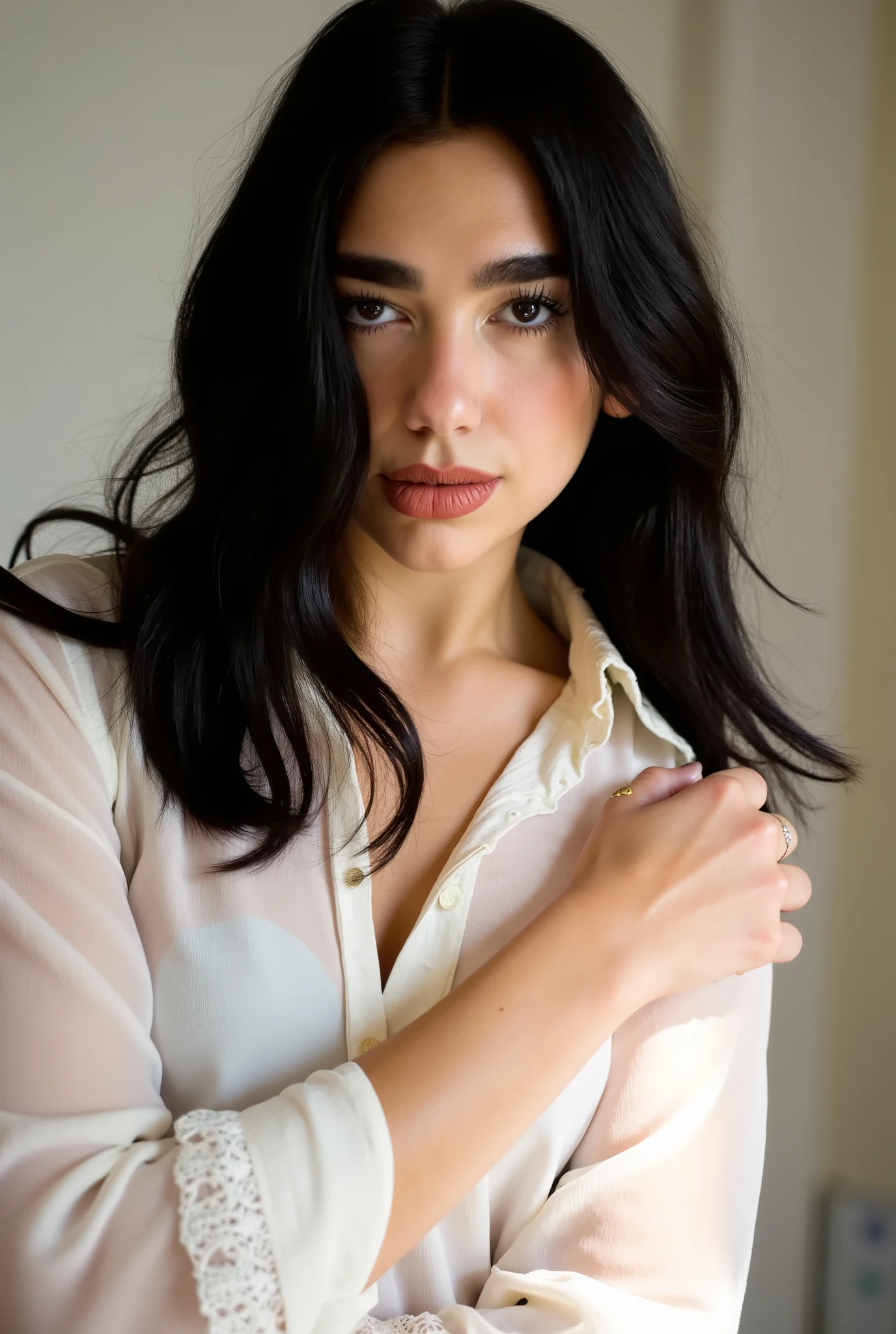 Jewish woman, black hair, black eyes, completely unkempt hairy body, wears a pink low-cut dress