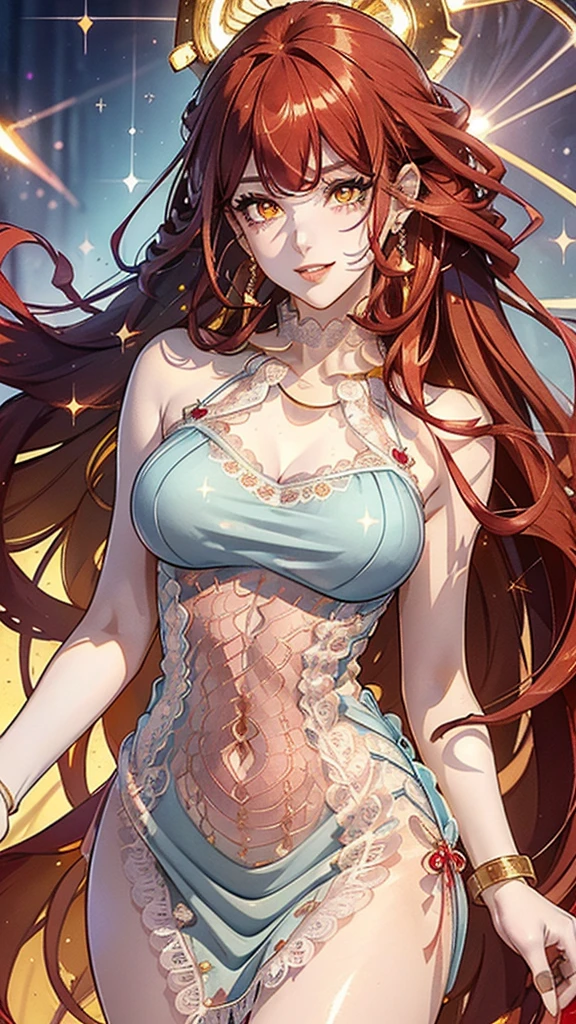 A youthful woman in her twenties, wearing a boho-chic sundress, her long chestnut hair cascading in loose waves, with warm hazel eyes and gracefully arched eyebrows, radiating a carefree and joyful expressionmasterpiece, best quality, intricate,