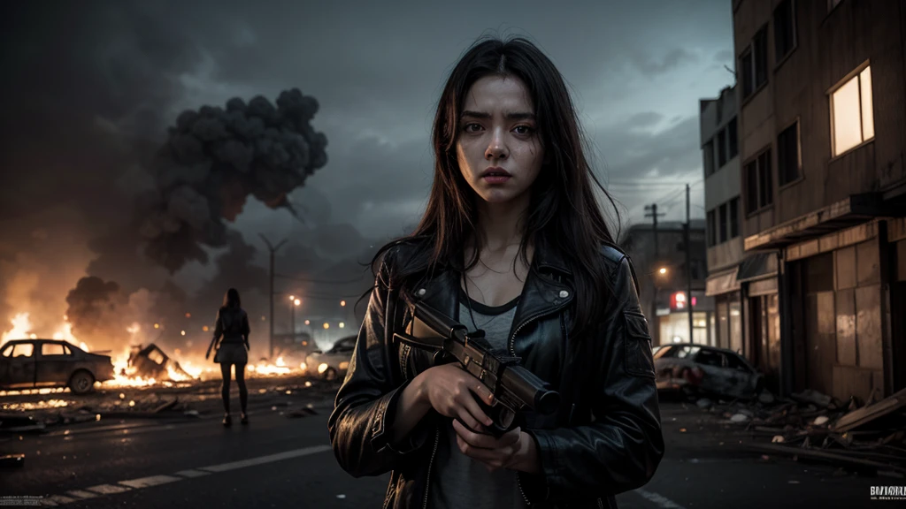 a photo of one fair-haired young woman stand on the road in the center of the image of post-apocalypse city, japanese sword in her hands, dirty torn clothes, exploded cars, fire and smoke, epic detailes, rain, dark gray atmosphere, epic realistic, raw photography, back shot, shot from below, cyberpunk