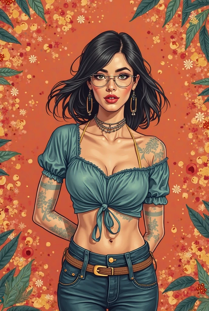 Estilo minimalista de desenho a tinta digital em um ambiente grunge, Ponto de Fuga no Livro Branco, uma arte de linha de Tsutomu Nihei retratando uma mulher morena de 46 anos, wearing thick red vintage reading glasses (com lentes de vidro transparente), tattoos on arms, Tattoos on the arm, cabelos longos, thin lips and high cheekbones, olhos castanhos profundos, wearing denim overalls and no shirt, Sleeveless denim overalls, cabelos lisos longos muito escuros, A dynamic design, salpicos de aquarela brilhantes, gotas e salpicos incorporados como elementos complementares na arte de linha preta fina, pele de porcelana pura, empatia, estilo floral por Raymond Swanland, vermelho, flores amarelas e cinzentas, verde, branco claro com diamantes, marfim claro, ?? mil, caprichoso, pastel hues, cores suaves, double exposure. hyper-realistic, desfoque de foco, efeitos grunge escuro, Holding a lotus flower, detalhes ornamentados, galaxy, fundo da nebulosa, Grunge composition. Apenas tinta azul e vermelha. Com destaques amarelos e verdes. tinta preta., illustration, Pintura