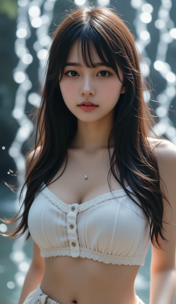 1 Girl, Beautiful, Baby Face, 20 Years Old, White Skin, Pose, Cleavage, Perfect ta Dress, Black Eye, Muscles:1.3, Outdoor, Bokeh:1.1, Drill Hair, Tied Hair, ((Black Coloured Hair))