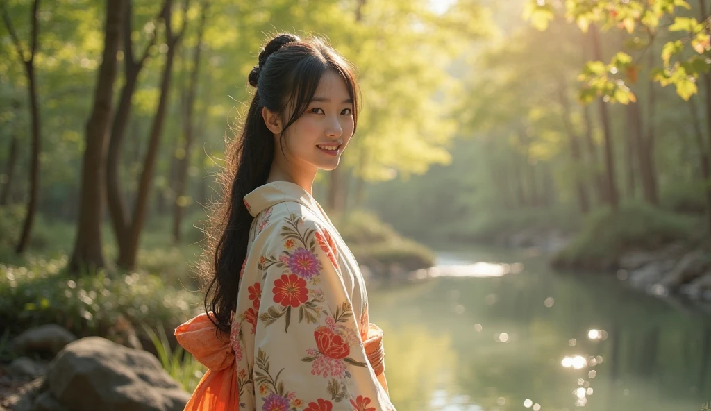 A real, slender, 18-year-old Oriental Japanese girl standing near a hot spring inside a spring forest. She is wearing a thick lambswool traditional Wafuku (kimono), smiling warmly with a humanity smile. She has delicate facial features, black eyes, soft nose, slim fingers, visible slender legs, thin waist, small chest, gentle hips. Her lush, beyond-floor-length black hair flows slightly in a soft breeze.
Her entire slim body must be fully visible: face, hair, hands, chest, waist, hips, legs, feet, shoes, with natural body curve and streamlined posture.
The background is a vibrant spring forest with soft sunlight filtering through fresh leaves, ambient warm light, slightly misty and dreamlike atmosphere.
Extremely detailed hair strands, soft lambswool texture with visible fibers, delicate face shading, natural skin texture.
Focus on the girl, background slightly blurred. The entire scene should convey warmth, purity, gentleness, and a pure soul energy.