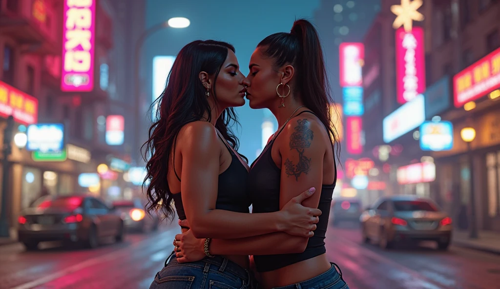 black woman hair in a bun black hoodie black leather short shorts bent over and old woman humping her bump time square new york city