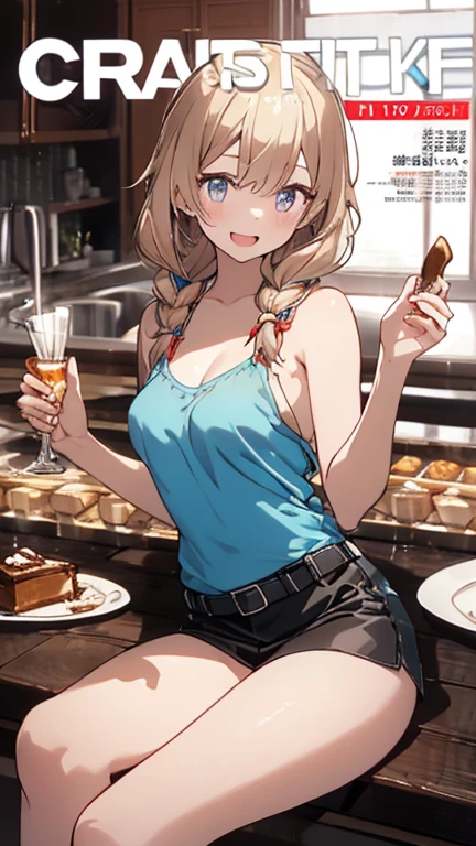 (small breasts:1.2), (perky chest:1.2), (pointed chest:1.2), (Pudding cake magazine cover:1.3),(from above:1.0),(fromside:0.9),masterpiece, 1girl, Amazing Cleavage:1.1, thin waist, optimum,tmasterpiece,hight resolution,best qualtiy,hyper HD,super detailing,awardwinning,16 K,solo,(The upper part of the body),anatomy correct,Beautiful cyberpunk girl,Cowboy Shot,cute face,a blond,Longhaire,Twin-tailed,Braids, Hairline,(scarlet eyes),long eyelasher,Hanging eye corners,White skin of the,shoot from the side, ((see through camisole:0.1)), ((Sheer nipples:1.0)),Rocket Tits,(Slim body),smile,seductive weak smiling,(with sparkling eyes and a contagious smile),open mouth, Looking at Viewer,
