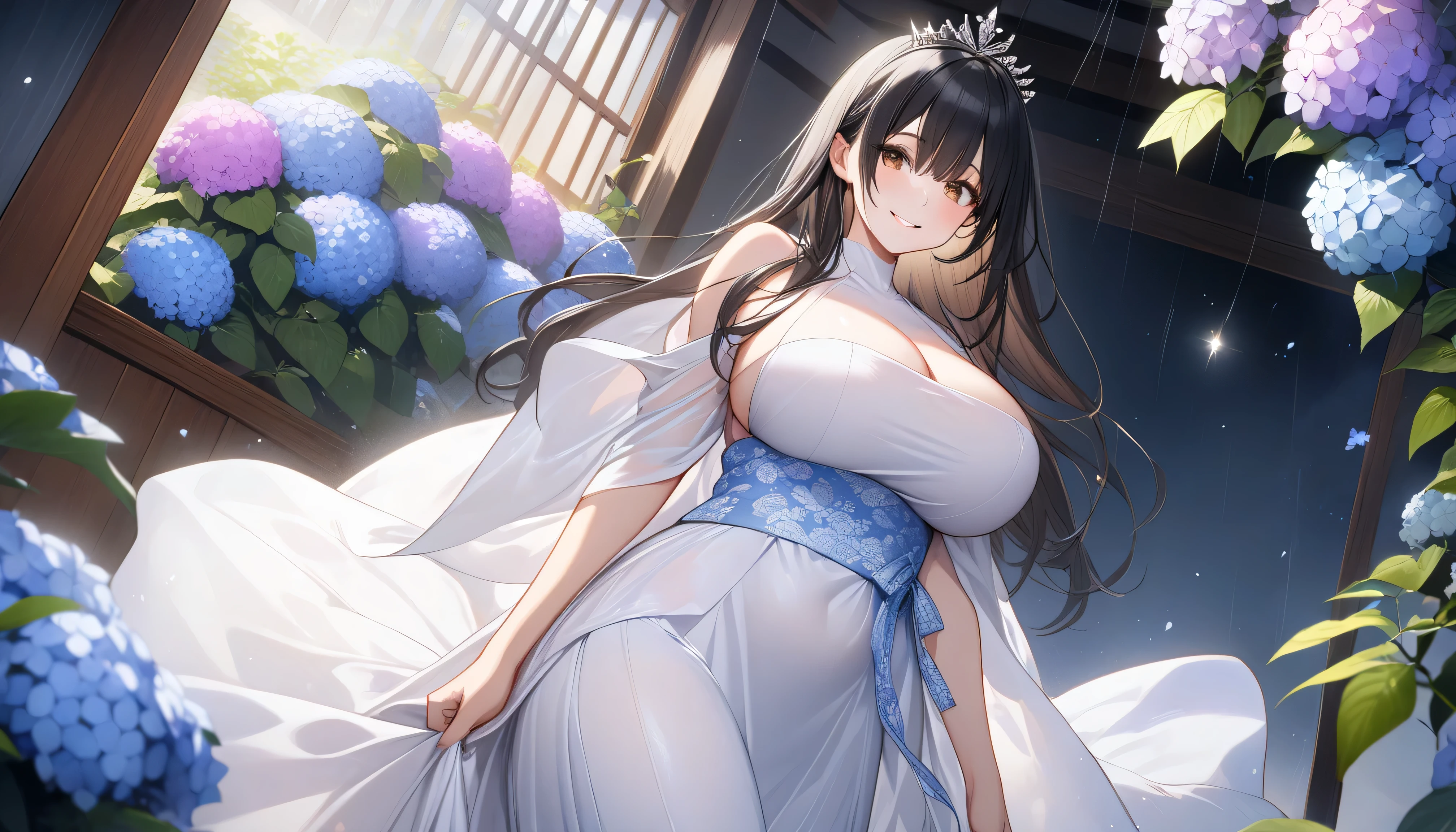 ((anime artstyle)),(Masterpiece), (Best Quality), (Super Detail), Illustration, (((Very Delicate and Beautiful))),Dynamic Angle,Looking at viewer,((((Solo)))),(((Full body))),(((1 arrogant pregnant empress in See-through white wedding dress having a wedding ceremony in a royal palace))),((((heavily pregnant)))),last month of pregnancy,(standing),(((embarrassed))),Purple eyes,(Sharp eyes),Detailed Face, Long Eyelashes,Jet Black Hair,Straight Hair,((Very Long Hair)),Bangs between eyes, ((((gigantic breasts)))),cleavage,((skindentation)),curvy,See-through,(((fusion of See-through white wedding dress and white rococo ball gown))),(fluffy See-through white wedding dress with gorgeous embroidery),(((hoop skirt))),long skirt,corset,crinoline,long bridal veil,opera gloves,Beautifully Gorgeous jeweled big tiara,Beautifully Gorgeous gem earrings,Beautifully Gorgeous jeweled necklace,Beautifully Gorgeous jeweled ornaments,indoor,white lily flowers, flower petals flowing,Stained glass,light particles,