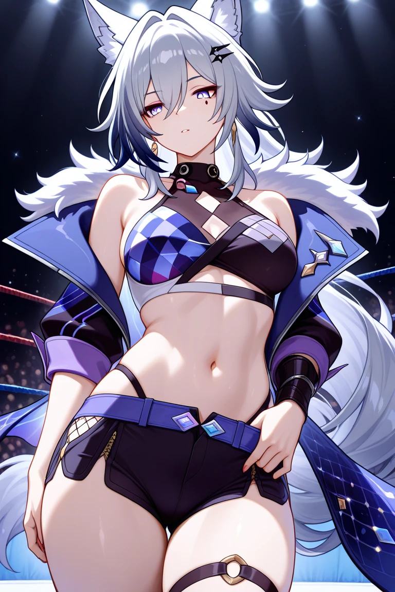 young girl, short gray hair, high ponytail, silver eyes, White leather fur coat, open belly, open breasts, Shorts, Masterpiece, hiquality