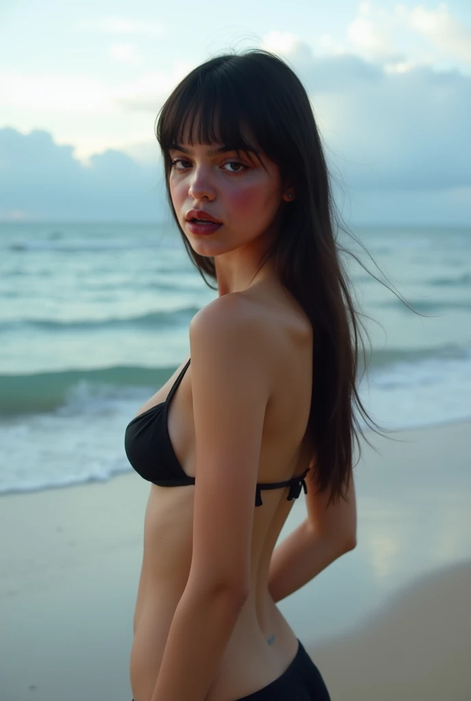high quality photograph of a beautiful woman, sexy bikini,  cleavage, black choker, (full body shot:1.2), (red lipstick), on the beach, (seductive poses), super haute couture highly detailed eye, focus on eyes and face, highly detailed lips, highly detailed skin, bokeh, lenseflare, by Emil Melmoth, Marcin Nagraba, Rebecca Millen, shot with Hasselblad X1D - 50c