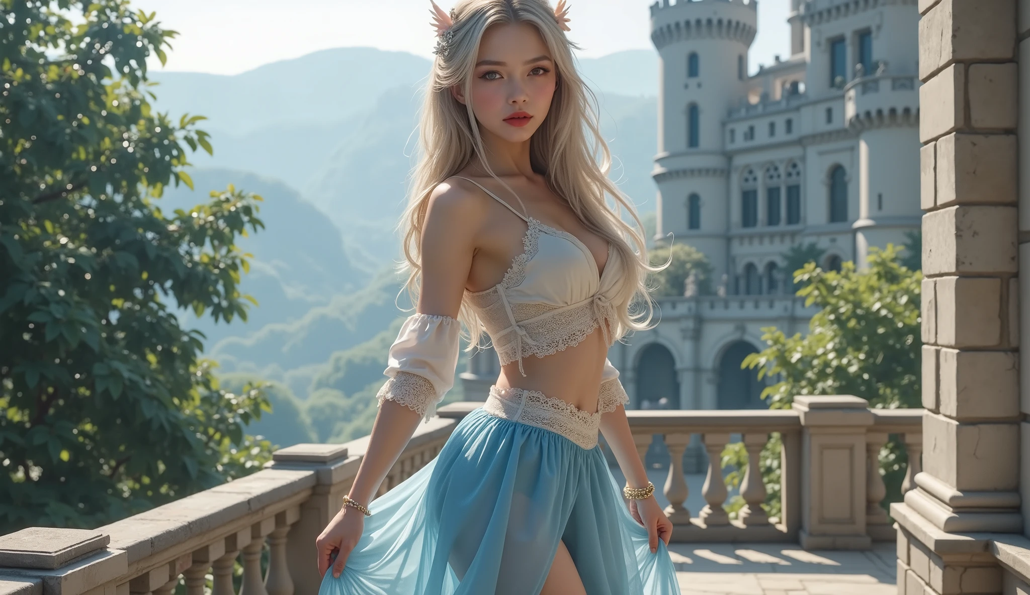 ultra fineCG Unity 8k壁紙、best quality、ultra fine、Masterpiece、real、フォトreal、ultra fineキュートガール、18 years old、(European castles）、(Girl standing on balcony)（back view）、（looking back at the drugstore）、（(笑face)),((make a heart with both hands)）、（full body angle）、 low angle、cheek、 red lips、（low angle）Lightning Body Shot、（Wet White Blouse：1. 2)、(Translucent light blue flared mini skirt：1. 5）、（underwear that makes me cry a little）、（white high heels：1.5）、（beautifulface：1.3）、（break：1.2）、（long legs：1. 2)、(beautiful:1.3)、((Floral Panties Seen From Under Her Skirt))、((golden white hair straight long hair))、sexy、Emoji、(Holding a Floating Skirt with Both Hands)、face、(Skirt Left),(後ろにはEuropean castlesが霞んでいる)