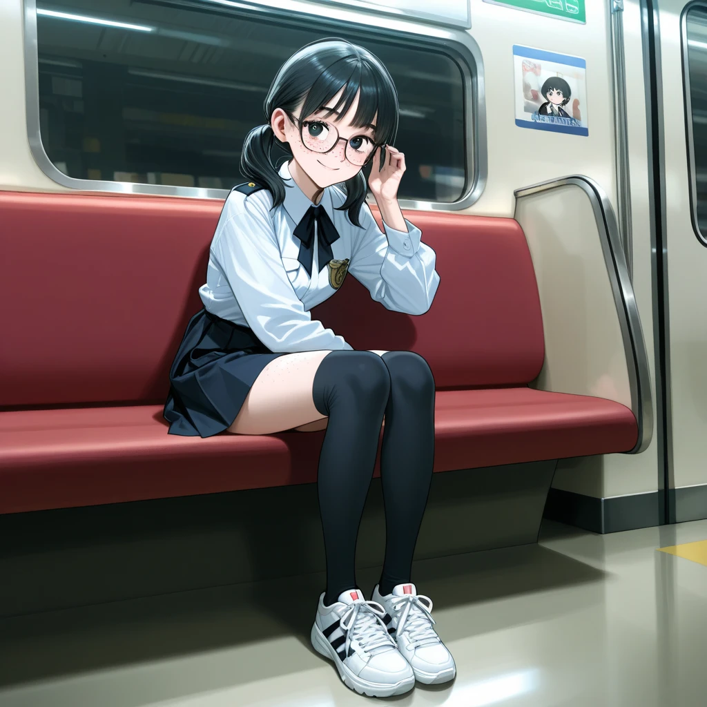 Kawaii girl listening to music with headphones inside a subway car wearing headphones seen from the distance 