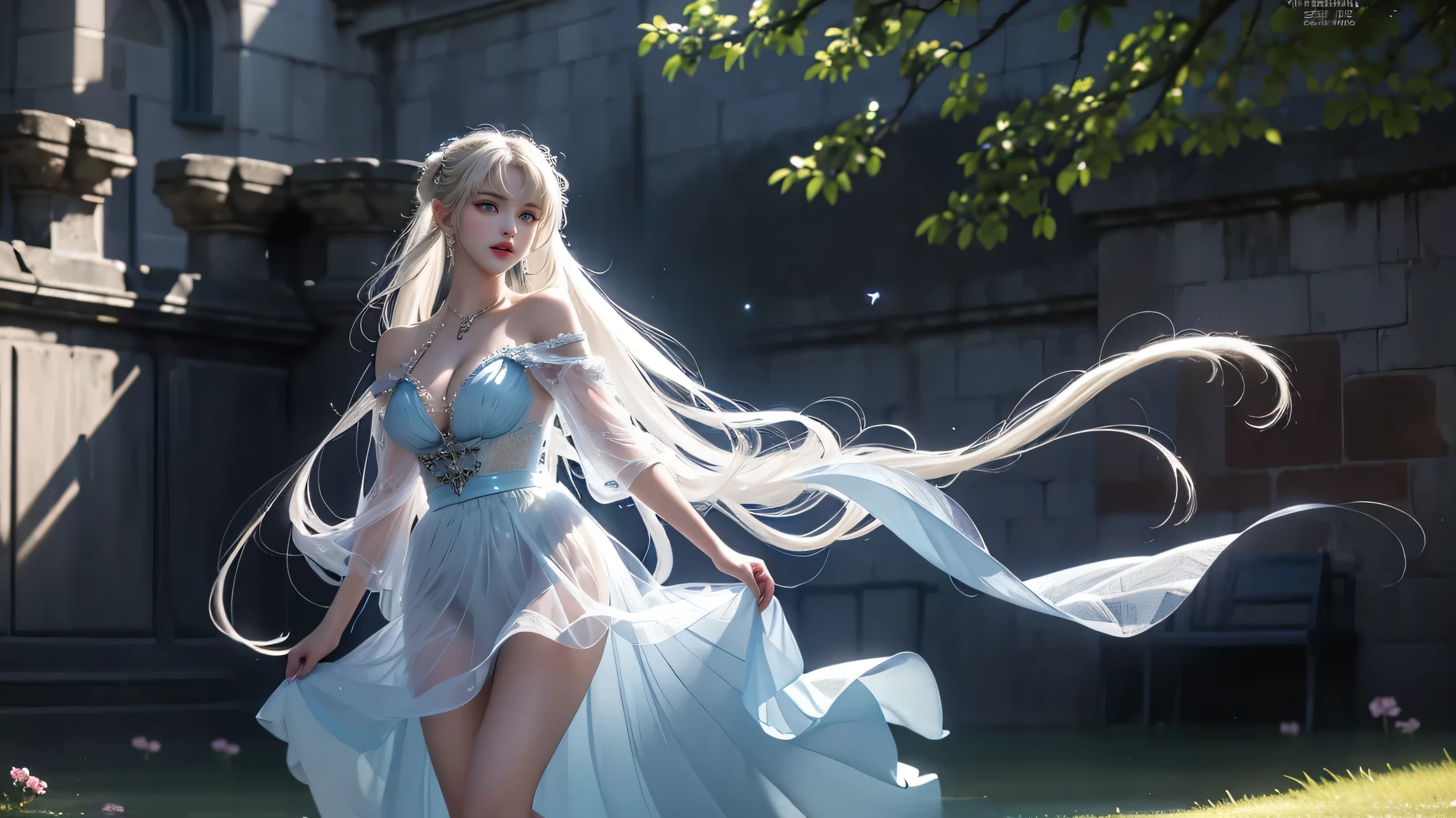 High image, Super Detail, High resolution, Anime, Manga, Illustration, Baby Doll Dresses, SPEEDLINE, Beautiful woman, Adult face, make up, Ecstatic expression, Amorous expression, Seductive look, Flowing layered messy wavy white medium hair, Big sparkling gold eyes, great proportion, perfectly proportions, slender, Full body, Beautiful light blue and emerald green background, Fantasy