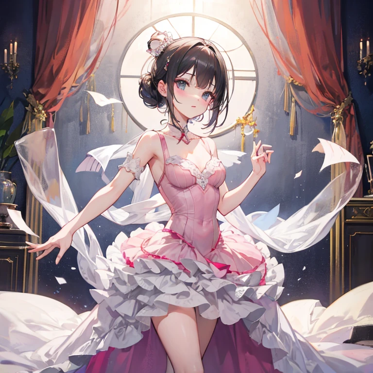 Girl ballerina black swan。Scenes、Dynamic poses、Stage lighting、Petals in the sky、Absurdity,Exquisite hair accessories,gem
