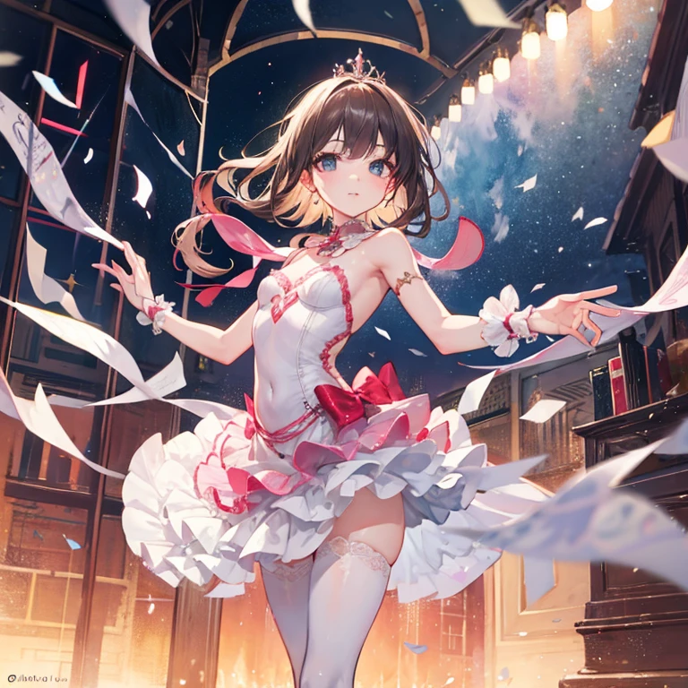 (highest quality, High resolution), Glowing Eyes, Delicate facial features, Vibrant colors, Dreamy atmosphere, Fantasy Theme, Floral Background, Graceful Movement, Magic lighting, Mysterious Aura, Heavenly Beauty, Magic thread, Whimsical elements,Big Breasts、Pink Lingerie、sexy、Pink lingerie with detailed embroidery