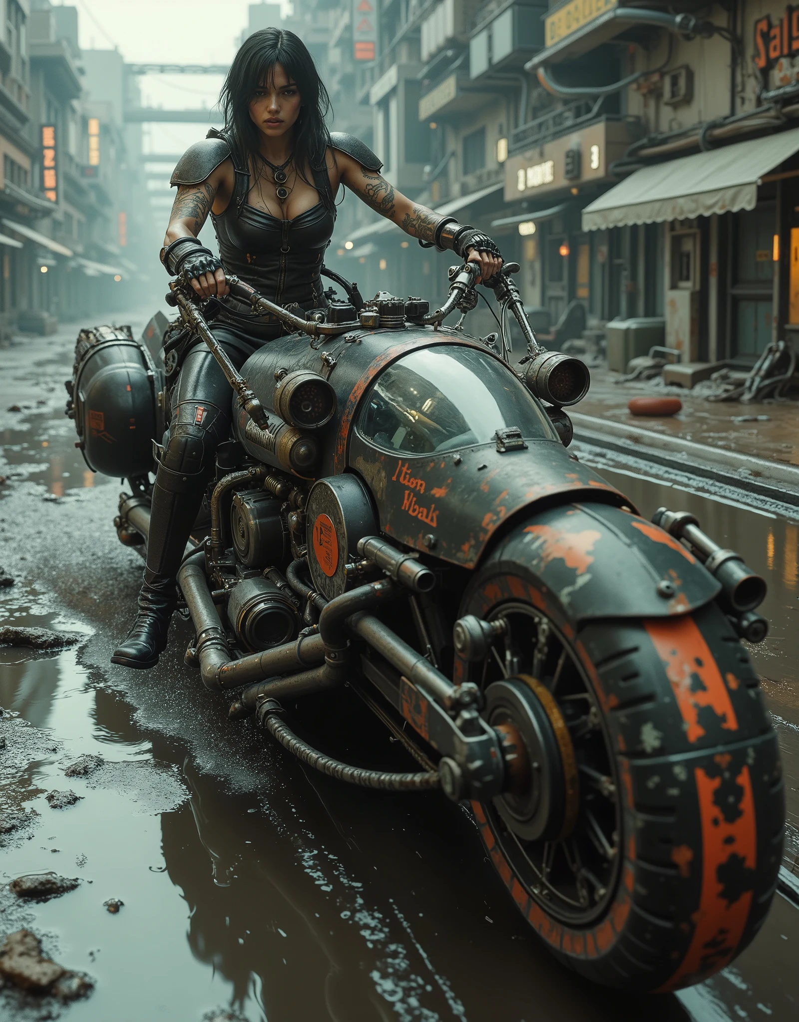 fotografía cinematográfica usando la regla de tercios y WITHposición en planos Foto lateral toma de cuerpo WITHpleto contrapicada, soft light, unmarked contrasts, A motorcycle (Speeder bike) retro futuristic flying ( bike) inspirada en motos con montura baja y motor grande al frente WITHo la "Indian gorilla" voladora de estética diesel punk partes oscuras con mucho oxido motor expuesto al frente y battle damage y partes destruidas, some red lines, con el motor grande y expuesto al frente del vehiculo Puedes ver el mecanismo expuesto WITHpuesto de pistones , hoses, chains y motores con algunas luces, the exposed handlebars and turbines, at high speed in a chase. In the background of a desolate and flooded apocalyptic planet, reflections in the water, at night, gloomy atmosphere, battle damage. in the style of Ashley Wood a high level of Racrufi style . Reference https ://my.terest.WITH//392446555042932822/ La piloto una hermosa desnuda y muy sexy mujer joven rasgos de mexicana de inWITHparable belleza latina , top model, tattooed, Storm Trooper samurai from Starwars, of the alien race Twi'lek, WITHbinada con stormtrooper, elegant and gothic robotics , fit ((chains)) dress made of chains, emerald eyes, penetrating look , Punk chain , punk belt , full body shot, torn screen , cuero y encaje rasgados y rotos con chains Picos y Muchas joyas de plata de huesos de plata , , holding a blaster or a lightsabre