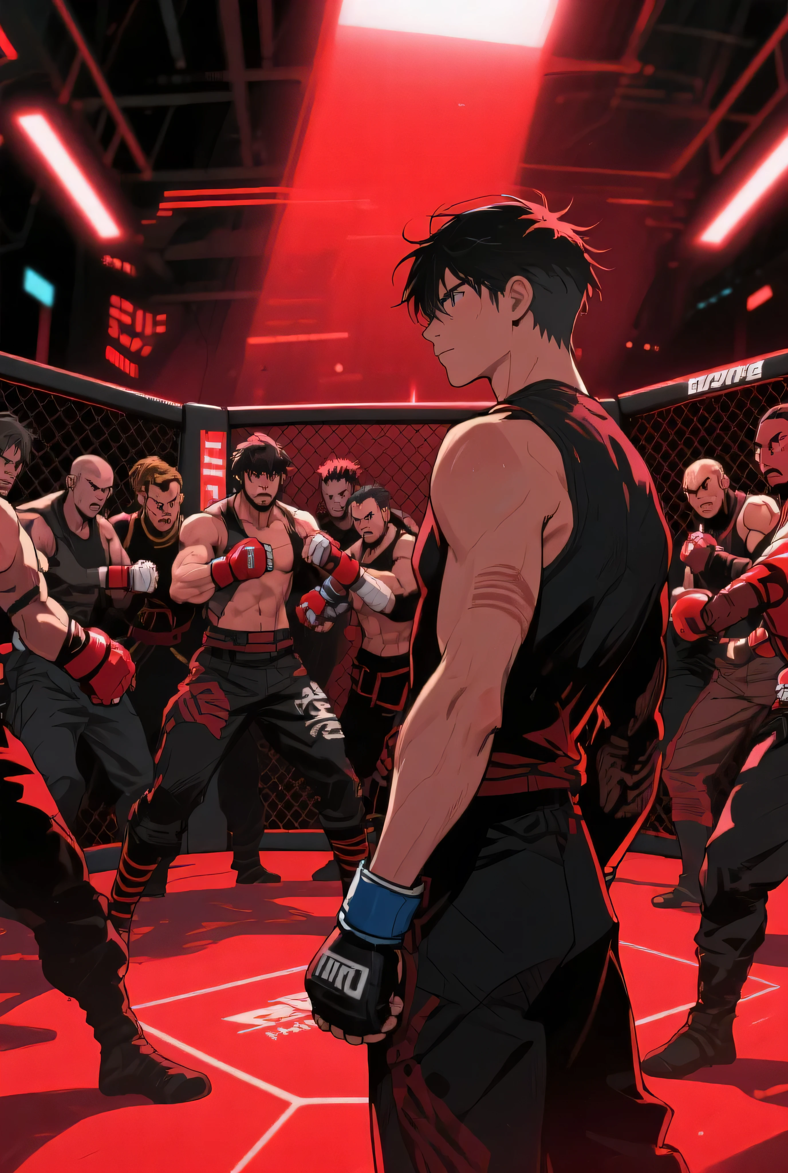 realistic 8k image of two fighting men in a clandestine fight, surrounded by gamblers, anime style art