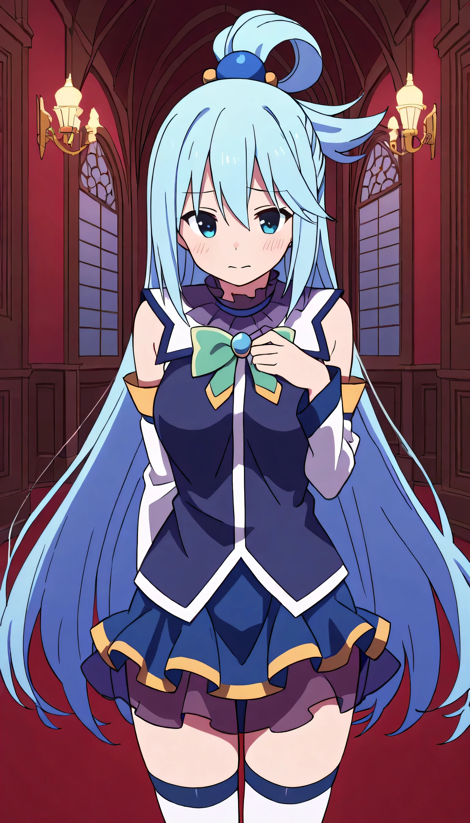 Final Fantasy Logo, touhou 6,,Inside the Scarlet mansion,aqua \(konosuba\), long hair, blue eyes, hair ornament, very long hair, blue hair, hair rings, single hair ring, hair bobbles,
skirt, shirt, thighhighs, bare shoulders, detached sleeves, white thighhighs, blue skirt, blue shirt, green bow,