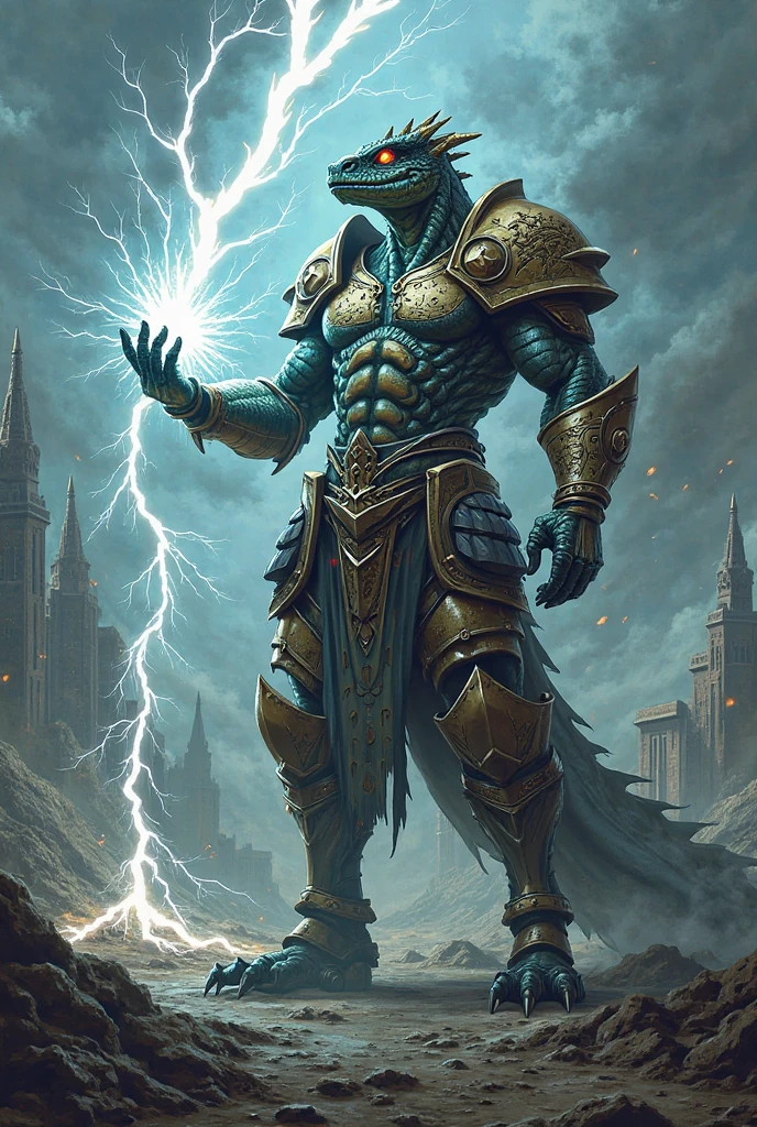 Menacing Tempest cleric lizardfolk, using a white and blue heavy armor, holding a shield and surounded by lightning
