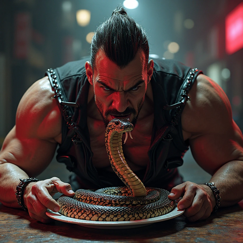 male cobra-head snake necromancer with very long jagged teeth, muscular body with creepy tribal tattoos and dull black scales, scaled body with old blood spattered on it, multiple snake tails, blood spatter, terrifying, snarling & fierce, blood and gore, feral expression, impressive aura, naked with snake coils covering crotch, ancient powerful magic, glowing symbols, black gas, skulls, burial snake pit, poisonous light, horror, (expressive:1.4), (intricate details, masterpiece, best quality:1.4), environmental view, full length body shot, head to toe, eerie red color palette