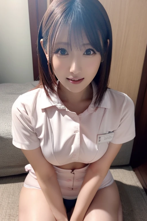 bright表情、Photorealism、Highest quality、Ultra-high resolution、photograph、最も美しい日本の女の子のphotograph、A cute and beautiful face down to the last detail、Small face、(Pure Eros Face_v1:0.008)、Alice in Wonderland、23 years old、Glowing White Skin、messy hair、amount、bright, Extremely detailed eye resolution、Whole Body Ezbian、Pink nurse uniform、double eyelid、Small breasts、White Pantyhose、Forward bending pose、Cleavage 、dental clinic、Dental hygienist、Small breasts、blush、Embarrassing、Excited、Mischievous face、Selfie、Nurse cap