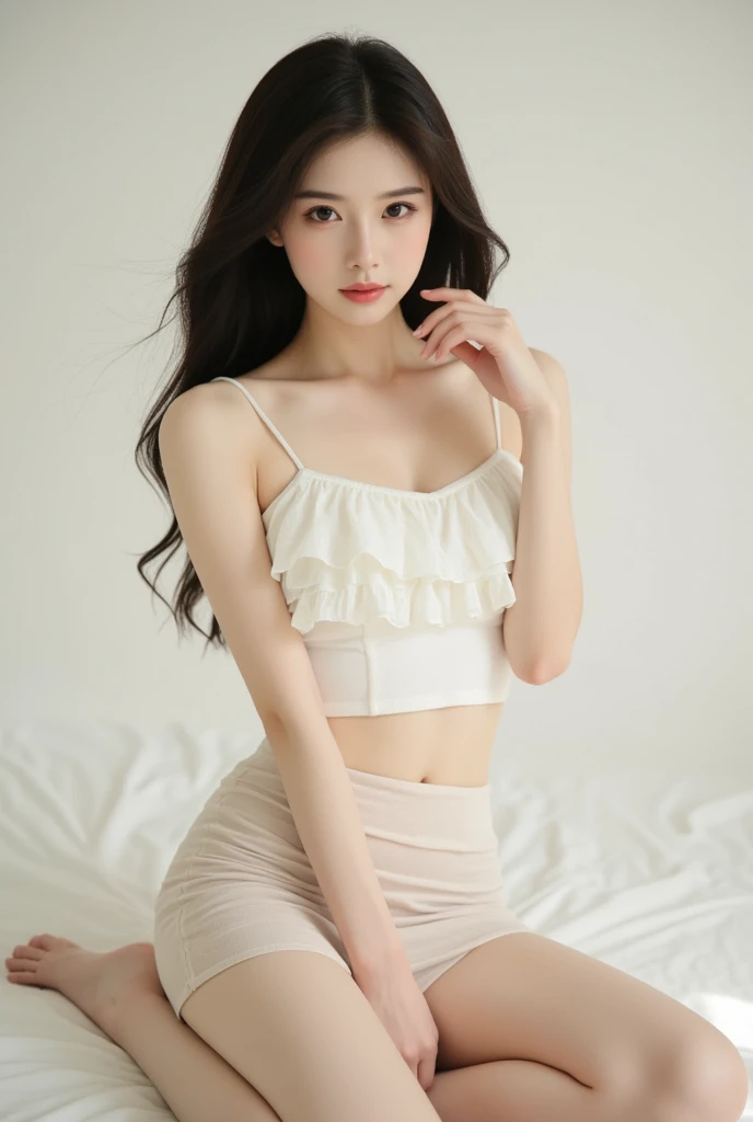 fashion model 20 years old [[[[close up]]]], [[[[neck]]]], [[[[Shoulder]]]], perfect eyes, perfect iris，perfect lips，perfect teeth，Perfect skin，White skin，Soft headlight，High Density Imaging Review，long black hair，（Face is clear and delicate），((white lace underwear))，((Sexy))，(((charming smile)))，((Half body photo))，((The background is the bedroom))，((Deluxe king bed))，best quality，masterpiece，（pastel colors：1.2）