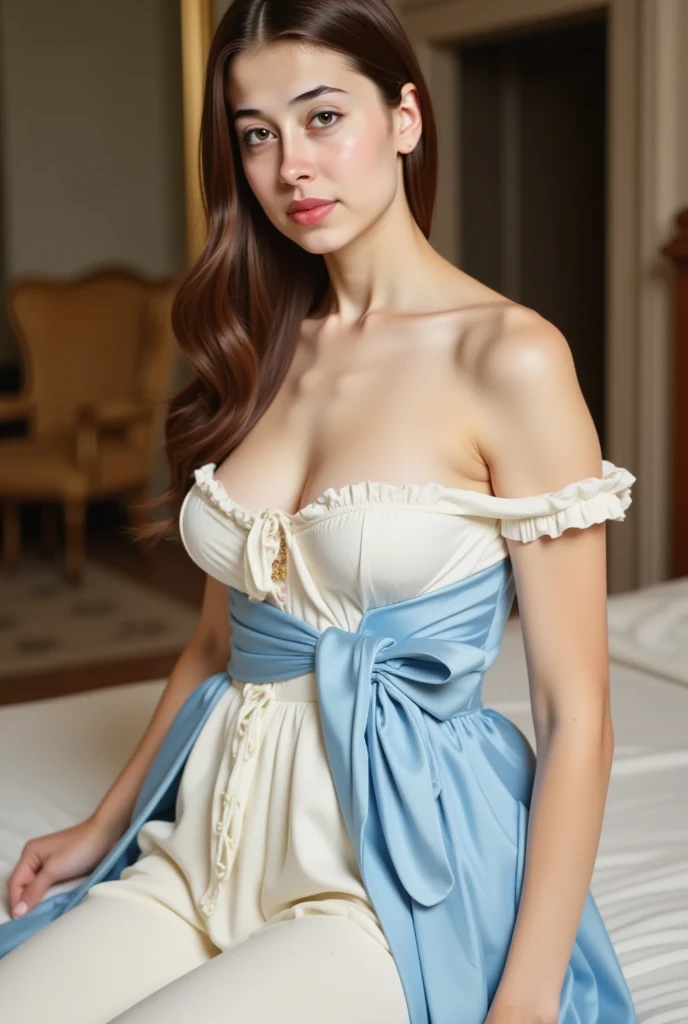 Beautiful 26 year old woman,170 cm tall, 60kg weight, white skin, long dark hair, light blue eyes, wearing off shoulder corset, white shorts, heels, garden restaurant, natural morning light, realistic portrait, very detailed, analog style, deep neckline, breast, (((full body))), smile, cute sitting pose, underboob, no panties, ((nipslip)), hand on crotch