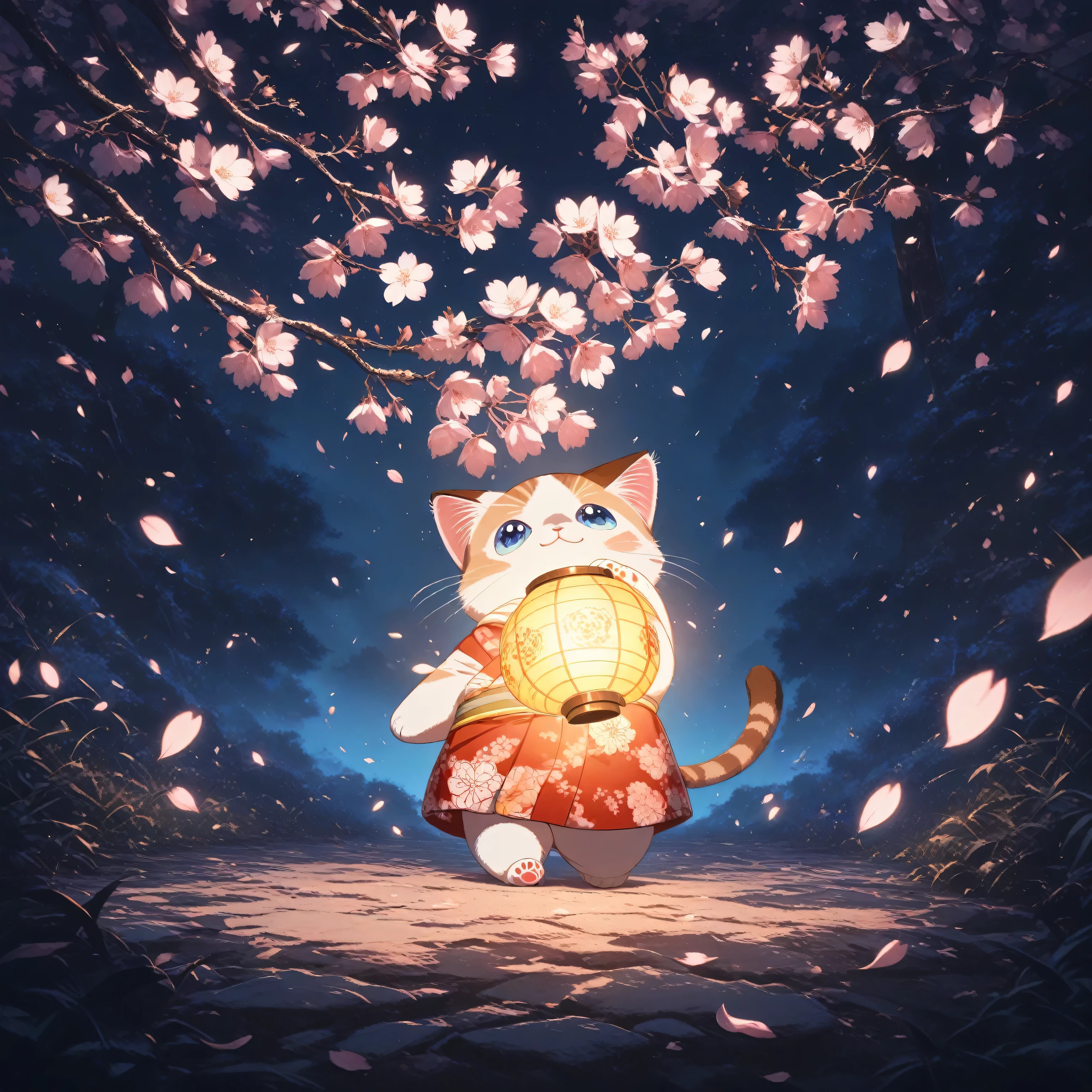 (masterpiece, best quality, ultra-detailed), a cute ragdoll cat with blue eyes, standing calmly under night cherry blossoms, soft navy or red kimono with elegant patterns, traditional Japanese lantern glowing softly, gentle anime style, serene night atmosphere, subtle light effects