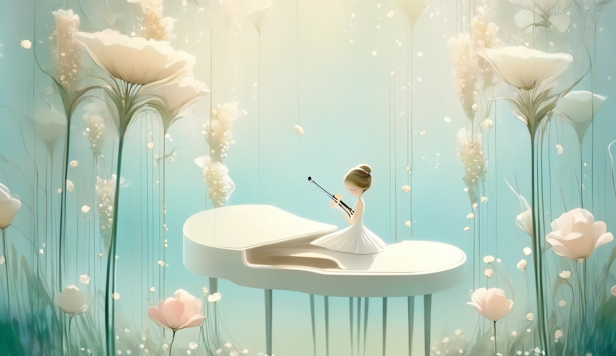 loish and pascal campion art, an ethereal scene of surreal giant flowers blooming soft white bell-flowers gently drooping like tiny tranlucent porcelain chimes, their fragrance lingering in the silver air. A quiet breeze stirs the leaves, dew glistening like pearls on blue and pink stems, while warm morning light filters through a veil of haze, creating halos of glow around each flower. delicate and dynamic representation, three woman performing piano, violin, sax, all in beautiful white dresses. The scene radiates sweetness and grace, with the stillness of a dream just before waking. Subject: surreal flowers in a soft morning glade 8k resolution, delicate light diffusion, pale blue and pink palette, gentle movement, glowing vignette, traditional Japanese sensibility, surreal ambiance, ephemeral mood, trending on ArtStation, dreamlike stillness, floral symbolism, subtle highlights