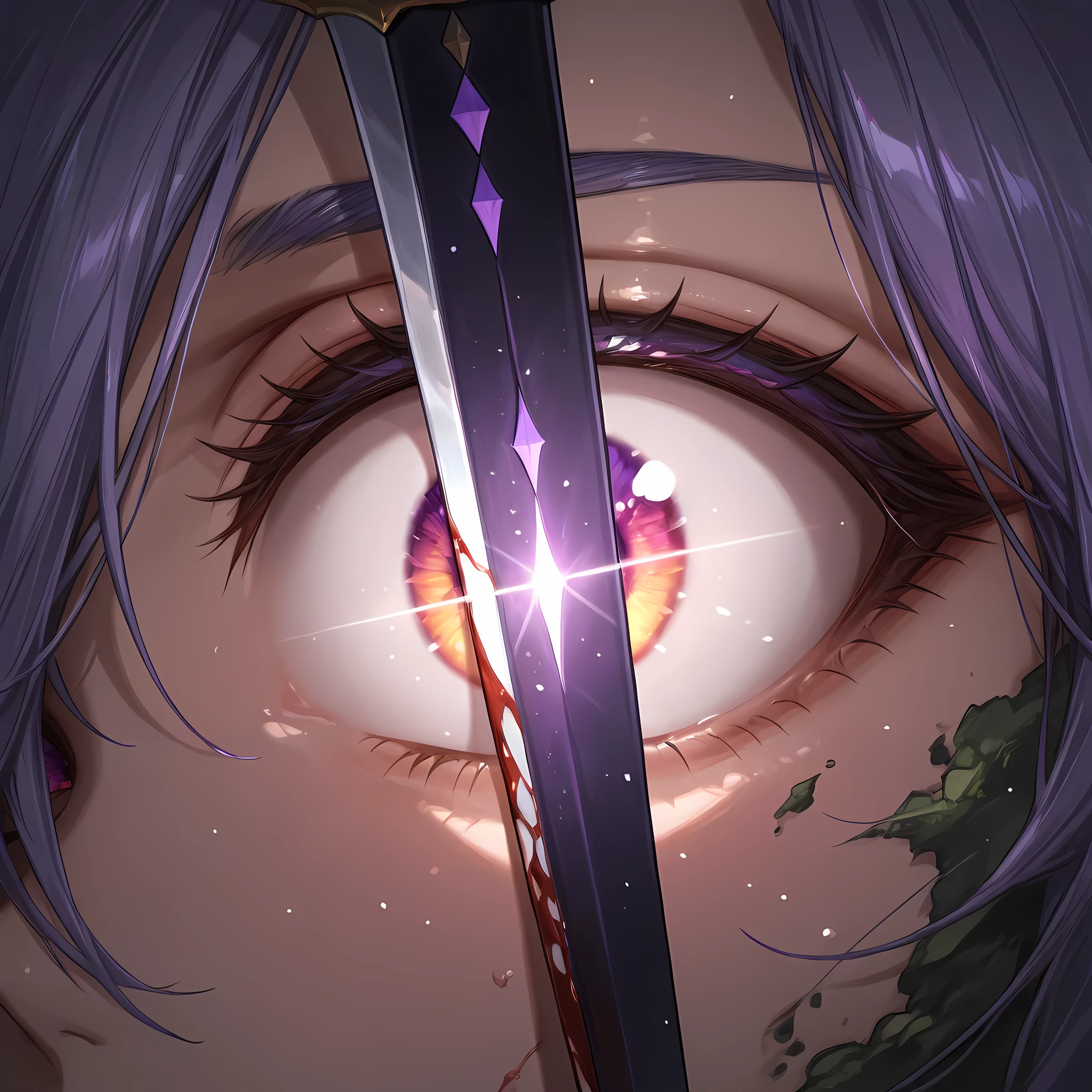 (high front angle, Medium close-up), ((masterpiece, best quality, ultra realistic, rich facial details, rich scenery details, full HD, 8k):1.2), cinematic composition, 85mm DSLR lens, shallow depth of field, volumetric light:1.05, moonlight rays:1.05, black sword flame light:1.2, ambient light:1.2, glow:1.2, lens flare:1.2, {Ryoga Jasei from Shadowverse Flame}:(twenty- vampire man walking in an amethyst forest with skulls scattered across the dark ground, holding a black sword with green roots wrapped around the blade, ruins covered in moss and blood), ((detailed textures, bokeh, night atmosphere, vampire-centric light, atmospheric blur):1.05).