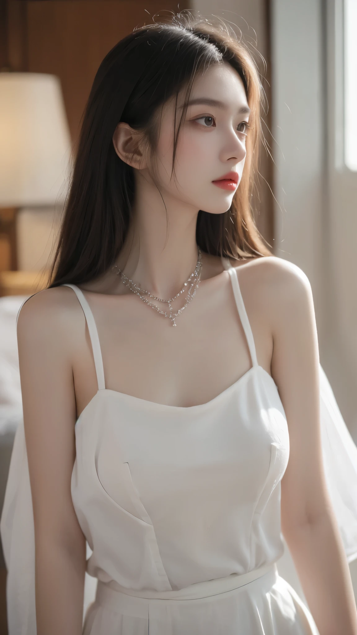 (sweat:0.7),Light yellow wedding dress,white short skirt,woman,japanese,exquisite face, beautiful face,bare shoulders,shoulders slightly exposed,translucent skin,black eyes,black hair,(photorealistic:1.4),realistic details, high resolution,bokeh,outstanding details