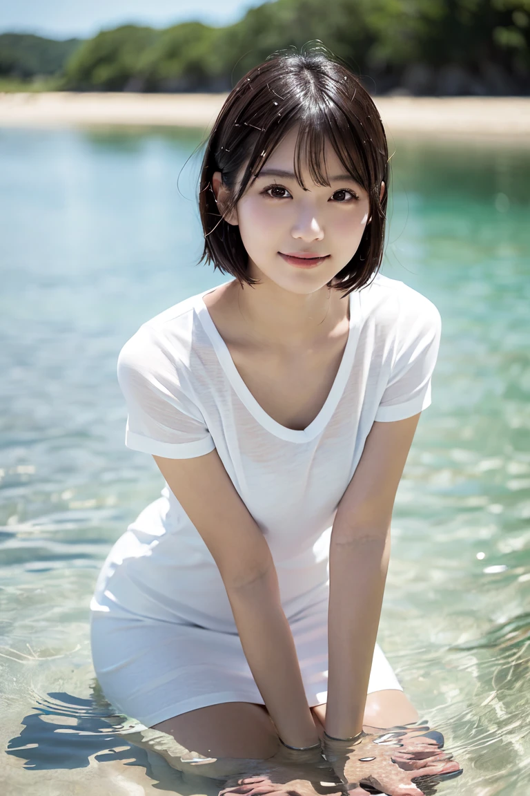 highest quality、8k、No makeup、masterpiece、クリアなphotograph、Ultra-high resolution、Realistic、Professional Lighting、photograph、smile、Very slim、Slender body、Very cute girl、The cutest Erina Mano、Small breasts、Large erect nipples、White skin、Very short hair、Wearing a wet white t-shirt:1.6、Wearing white panties、Full Body Shot:1.6、Soaking wet:1.8