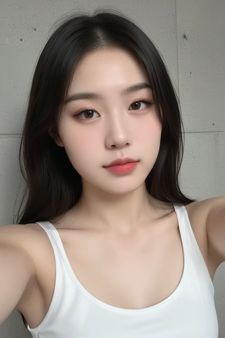 a close up of a woman with long hair wearing a white tank top, beautiful south korean woman, korean girl, young adorable korean face, gorgeous young korean woman, beautiful young korean woman, jaeyeon nam, jinyoung shin, ulzzang, popular korean makeup, headshot profile picture, bae suzy, wan adorable korean face, popular south korean makeup, lalisa manobal