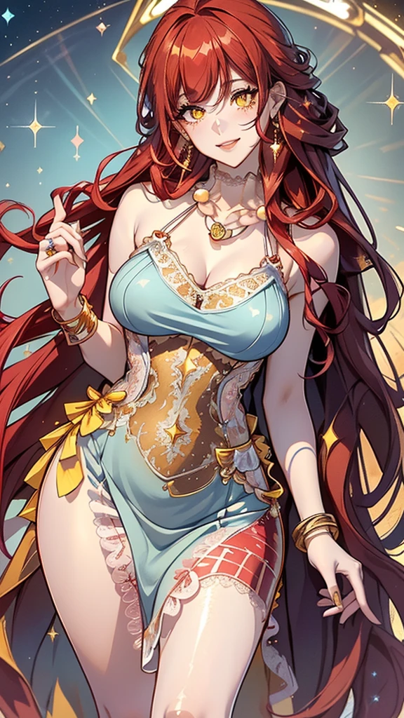 (masterpiece), best quality, expressive eyes, perfect face,1girl,fox girl, dark red fox ears, dark red fox tail,dark red hair,orange eyes,big breasts,cleavage,(princess:1.2),(pink and light blue floral deep V dress,rose corsage:1.5),high heels,crystal pendant,circlet,earrings,armlets,bracelets,thigh strap,high heels,bashful smile,sitting,crossed legs,sexy pose,golden castle,(night:1.1),(starry sky 1:1)