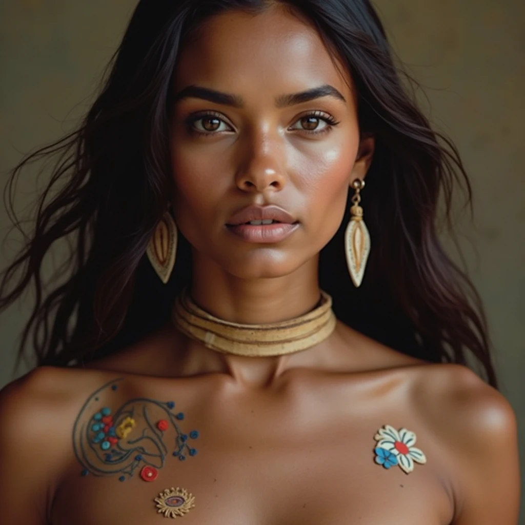 a beautiful indigenous woman, dark skin, big breasts, naked, with feathers in her hair