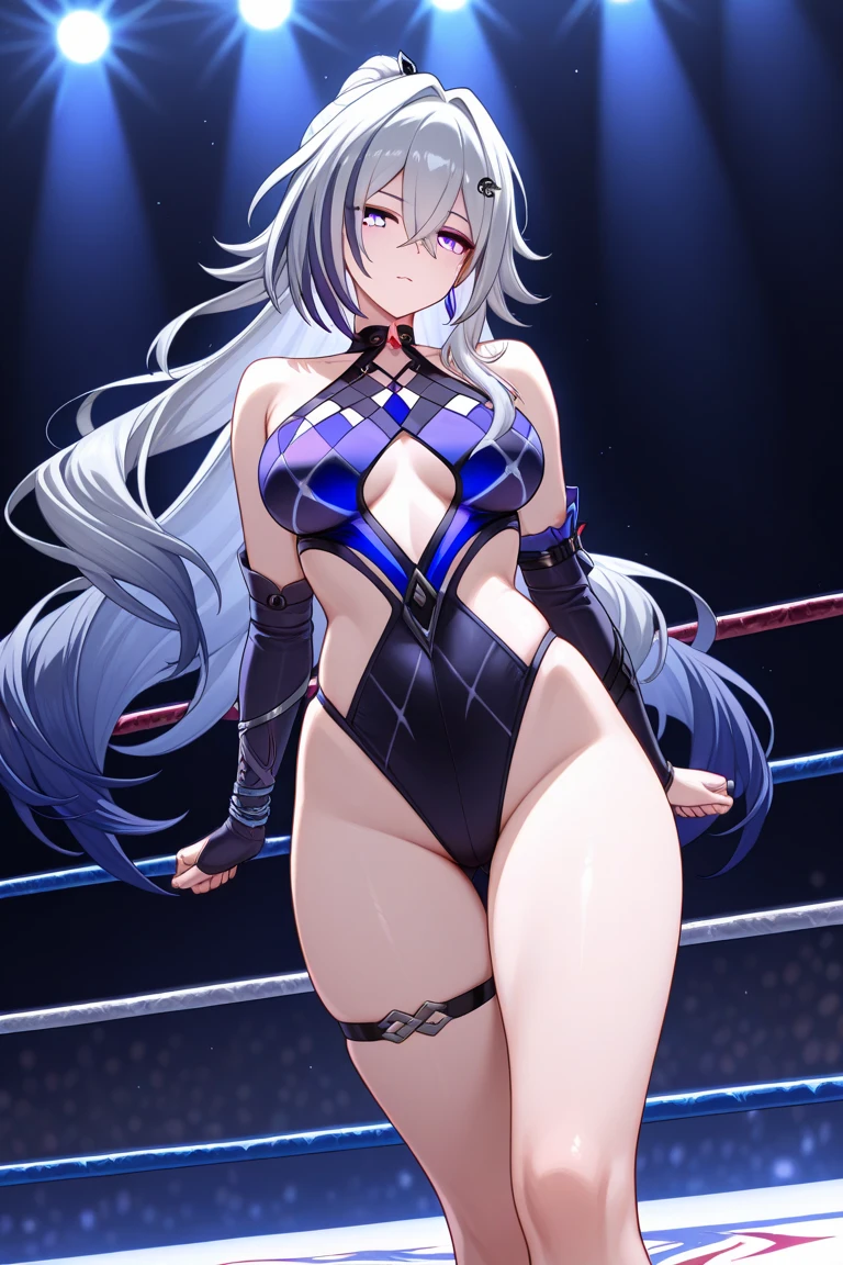 korean beautifull girl,18 years old,Pretty Face,Good shape,detailed picture, Seductive expression, blush,White long hair, Wear sexy lingerie,Soaked,Wear black garter stockings,No shoes, Wearing black boxing gloves,Black sleeves on arms, Kneeling on the boxing ring and doing sexy moves,Large Breasts,Cleavage,Long legs,Thin waist,nipple,Camel toe