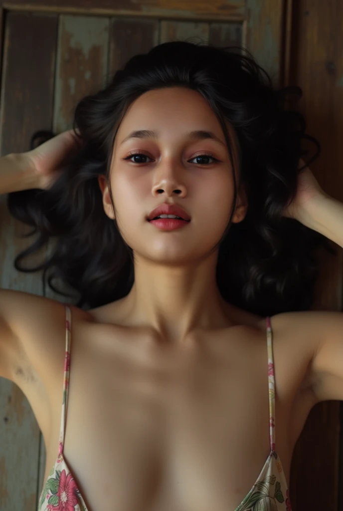 (((black background)))、(((Upper body)))、(((sweaty)))、(((close your eyes)))、open your mouth、embarrassed look、(1 person)、(cute:1.2)、14 years old、(high detail skin: 1.2)、beautiful brown hair、perfect anatomy、volume lighting、light from the front、bright、NSFW, nude、brown skin、fine-textured skin、Composition examination